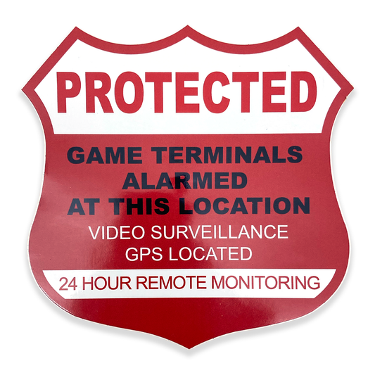 Show that your business is secure with a Security Decal. Single sided decal that says "Protected; Game terminals alarmed at this location; Video surveillance; GPS located; 24 Hour Monitoring." Sold by Miele Manufacturing.