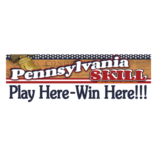 Promote your Pennsylvania Skill game(s) with a “Play Here/Win Here” Door Decal to market your location to the public.  Size: 4” H x 12” W. Sold by Miele Manufacturing.