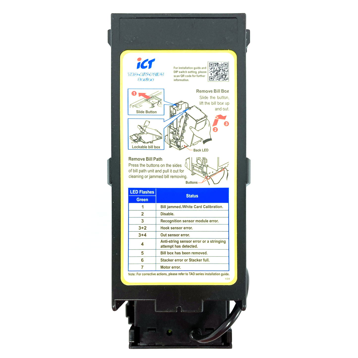 The ICT TAO Bill Acceptor embodies all the features and functions you would expect in a high-tech bill acceptor. It features the most advanced anti-cheating and security features ICT has released to date and is suitable for any high value/high security application. Sold by Miele Manufacturing.