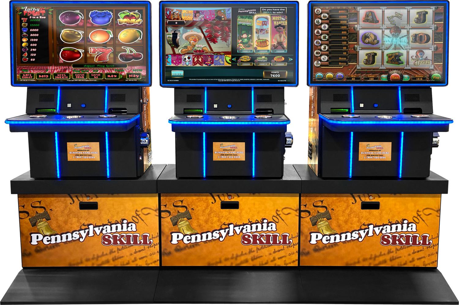 Three Onyx cabinets, sold by Miele Manufacturing, wrapped in Pennsylvania Skill branding, shown head-on with LED lighting and dual screens
