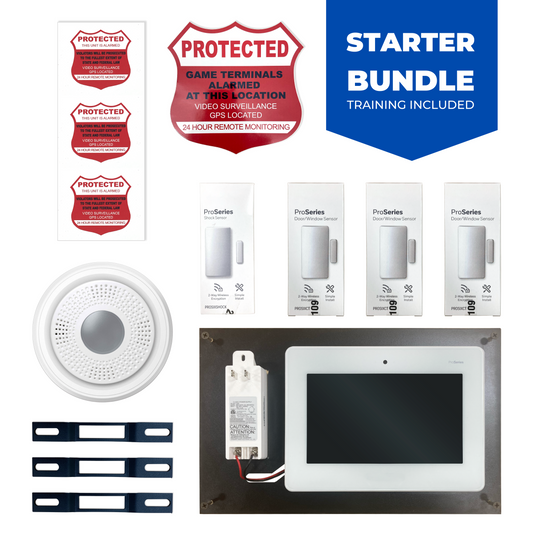 The Starter ProSeries Alarm Set Security System, presented by Miele Manufacturing, protects your Skill Games and TRTs. <b>The Starter Bundle includes the mandatory training&nbsp;session.</b> This system features a high-quality ProSeries Alarm System. The system uses an app that notifies you the second your terminal is breached and&nbsp;dispatches the police to your location. One of the many benefits of the app is the ability for you to know when your employees access your terminals.
