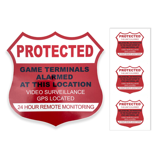 Show that your business is secure with a Security Decal. Single sided decal that says "Protected; Game terminals alarmed at this location; Video surveillance; GPS located; 24 Hour Monitoring." Sold by Miele Manufacturing.